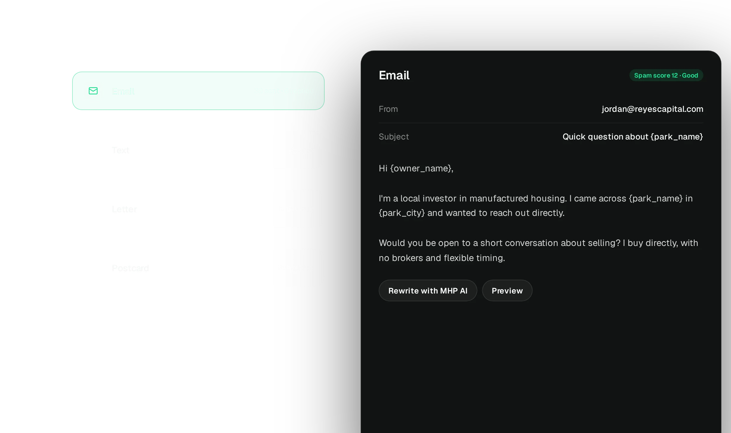 An outreach sequence in MHP Pros: email, text, letter and postcard steps with waits between them, and the first email being written.