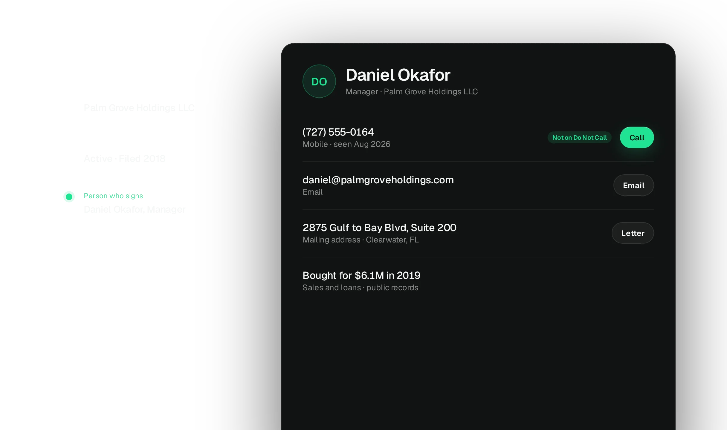 Owner research in MHP Pros: the LLC traced from the county parcel to its manager, his mobile number checked against Do Not Call, the park's sales and loans, and its assessed value and tax over time.
