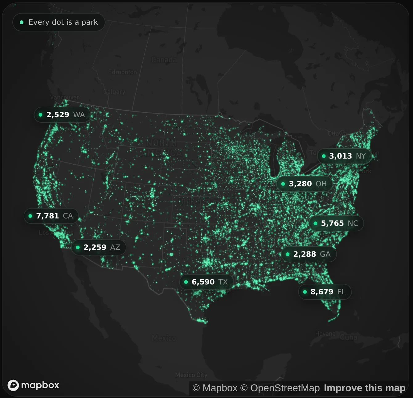 A map of the US where every dot is a park, with the count for the biggest states.