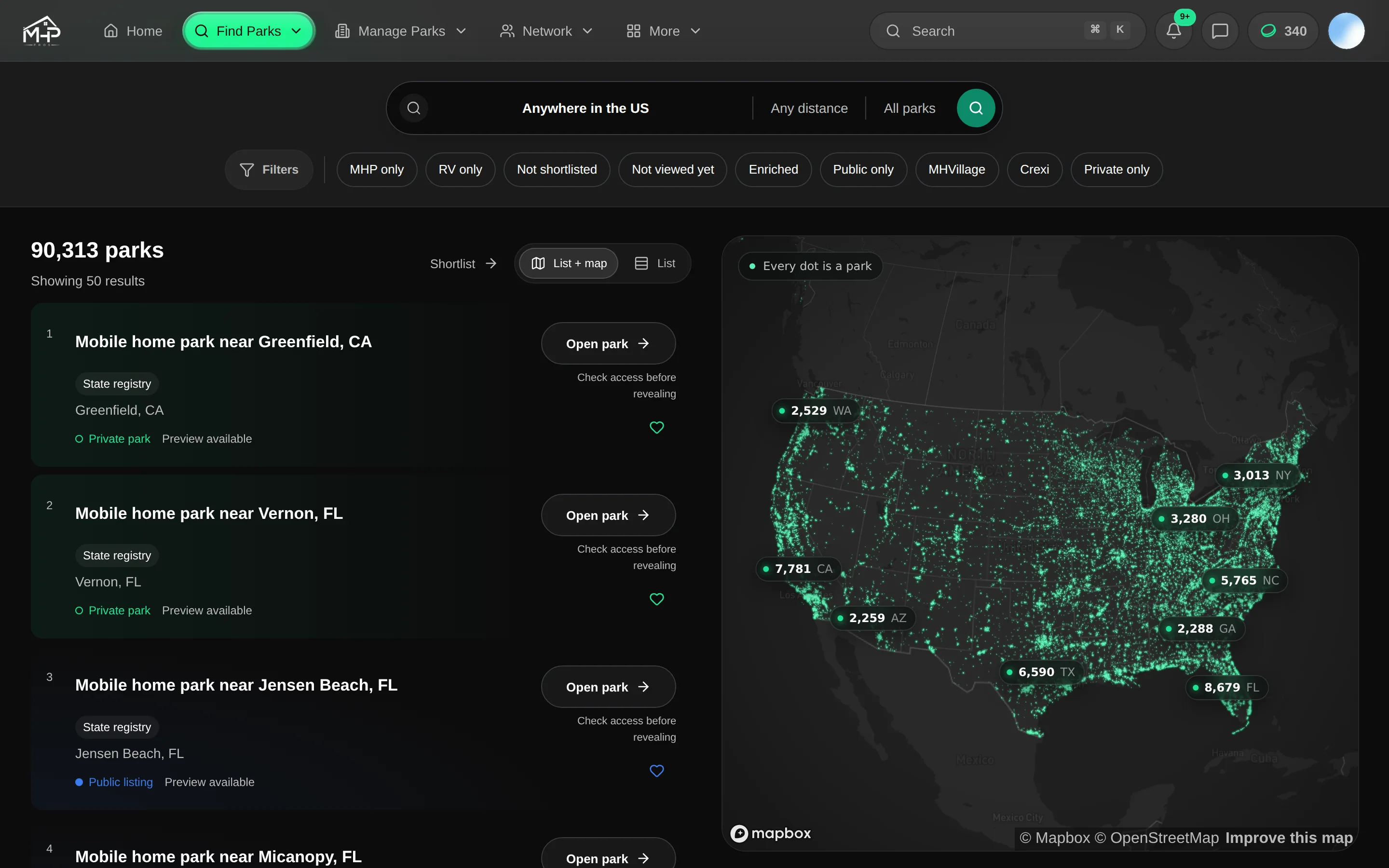 The MHP Pros park search: park cards beside a map of the US where every dot is a park, with the count for the biggest states.